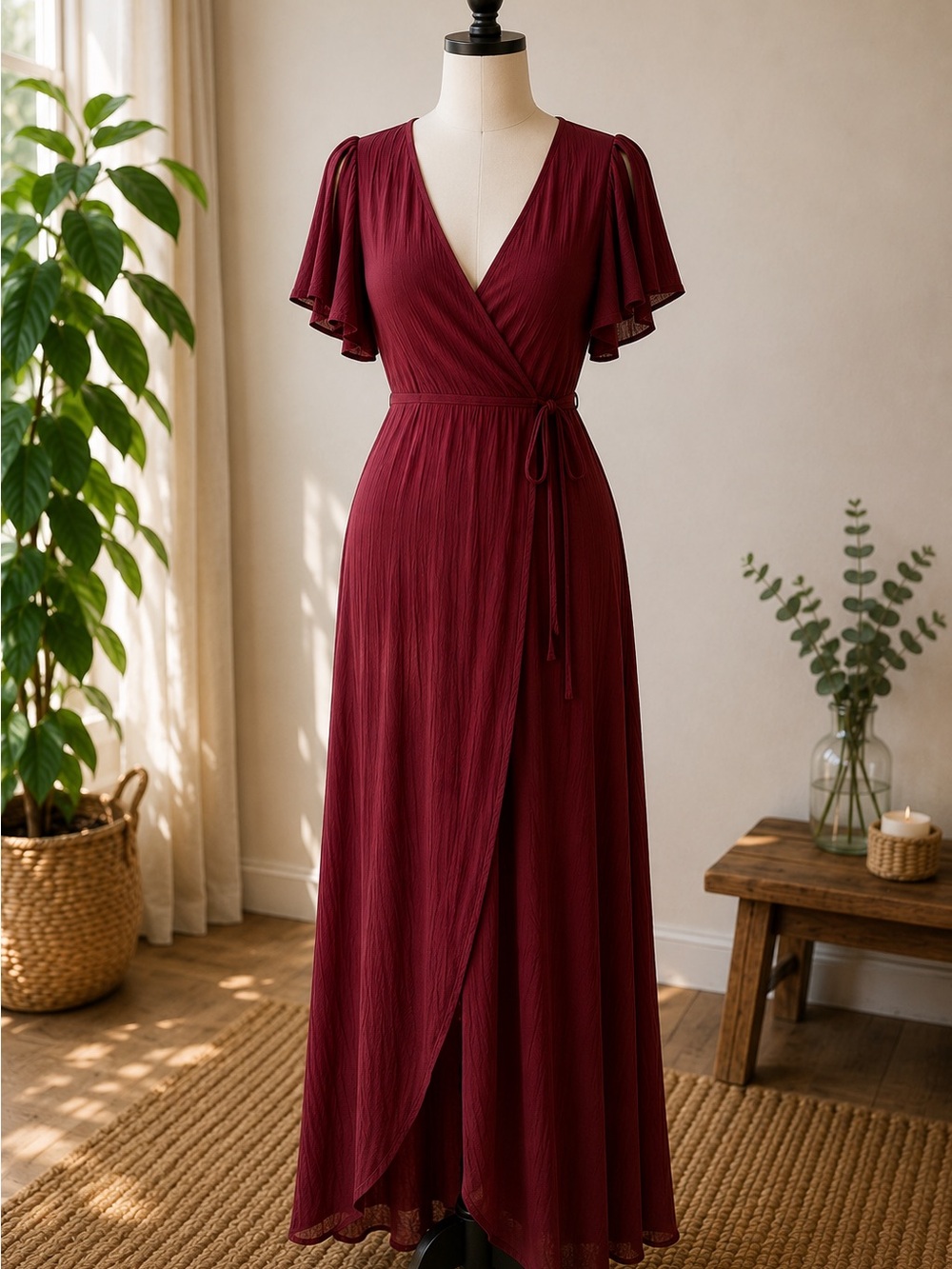 Lulus Burgundy True Wrap Maxi Dress | Flutter Sleeve | Size Small